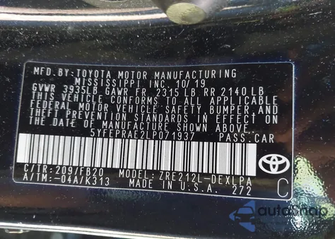 2020 Toyota Corolla Le z USA, uszkodzony, nr VIN 5YFEPRAE2LP071937